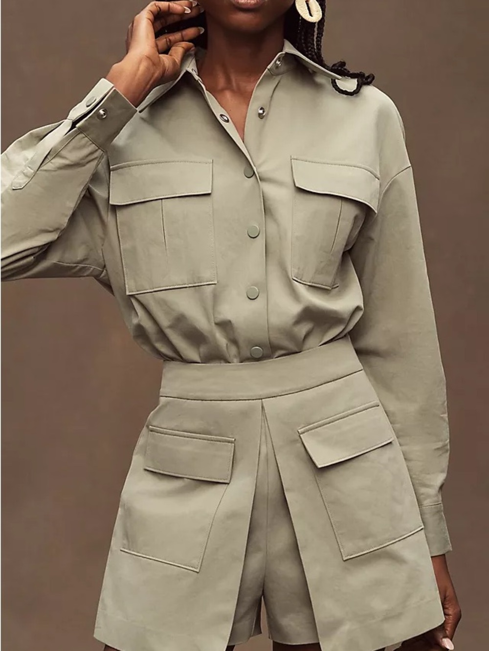 Anthropologie Mare Mare Olive-Taupe Utility Romper